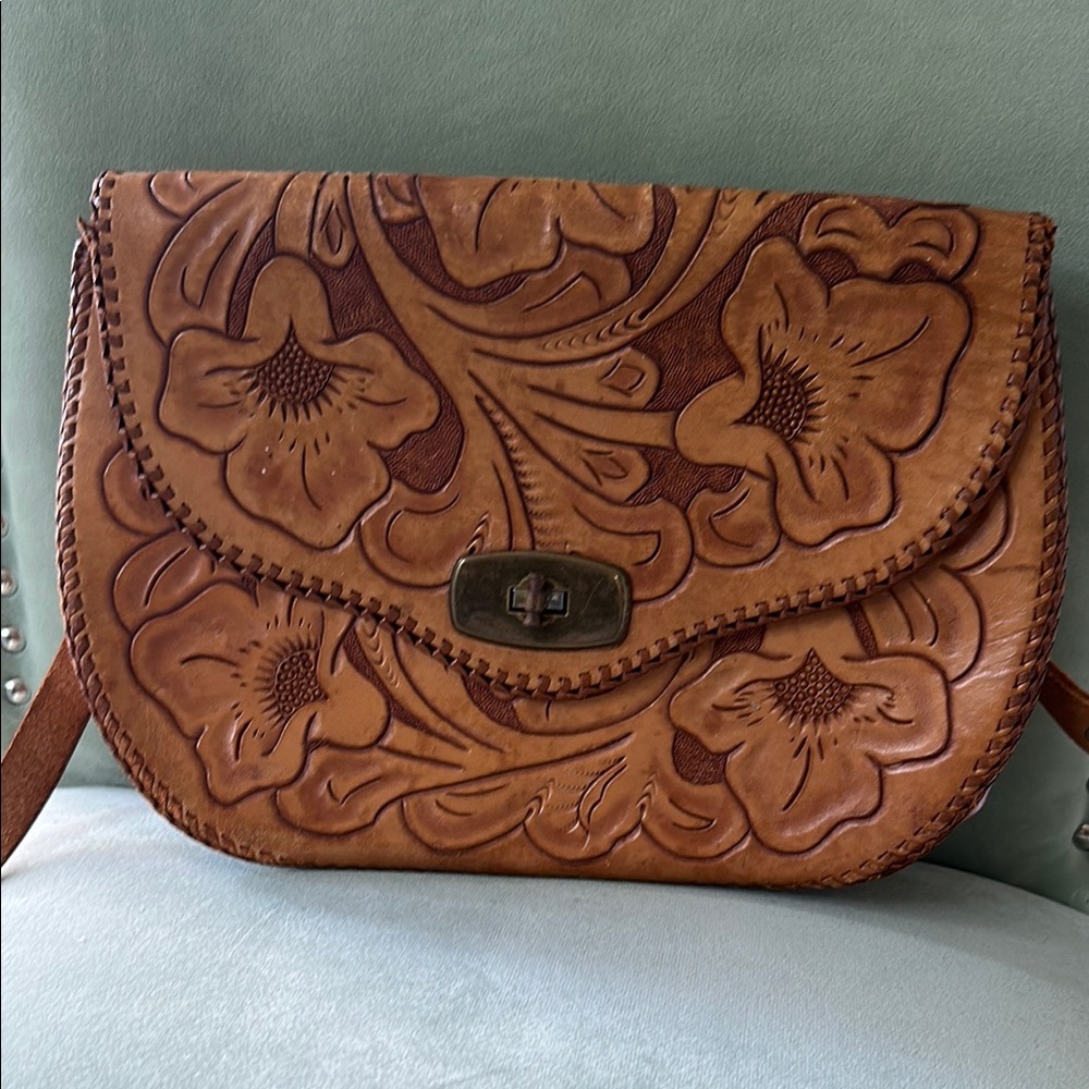 Brown Floral Embossed Leather Bag